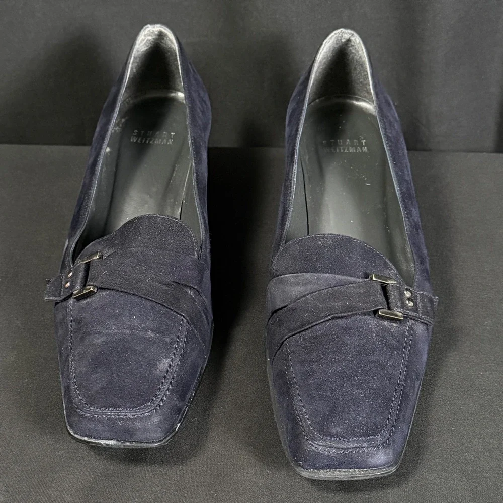 Vintage 90s Stuart Weitzman Navy Suede Square Toe Kitten Heel Loafer Pumps 8.5